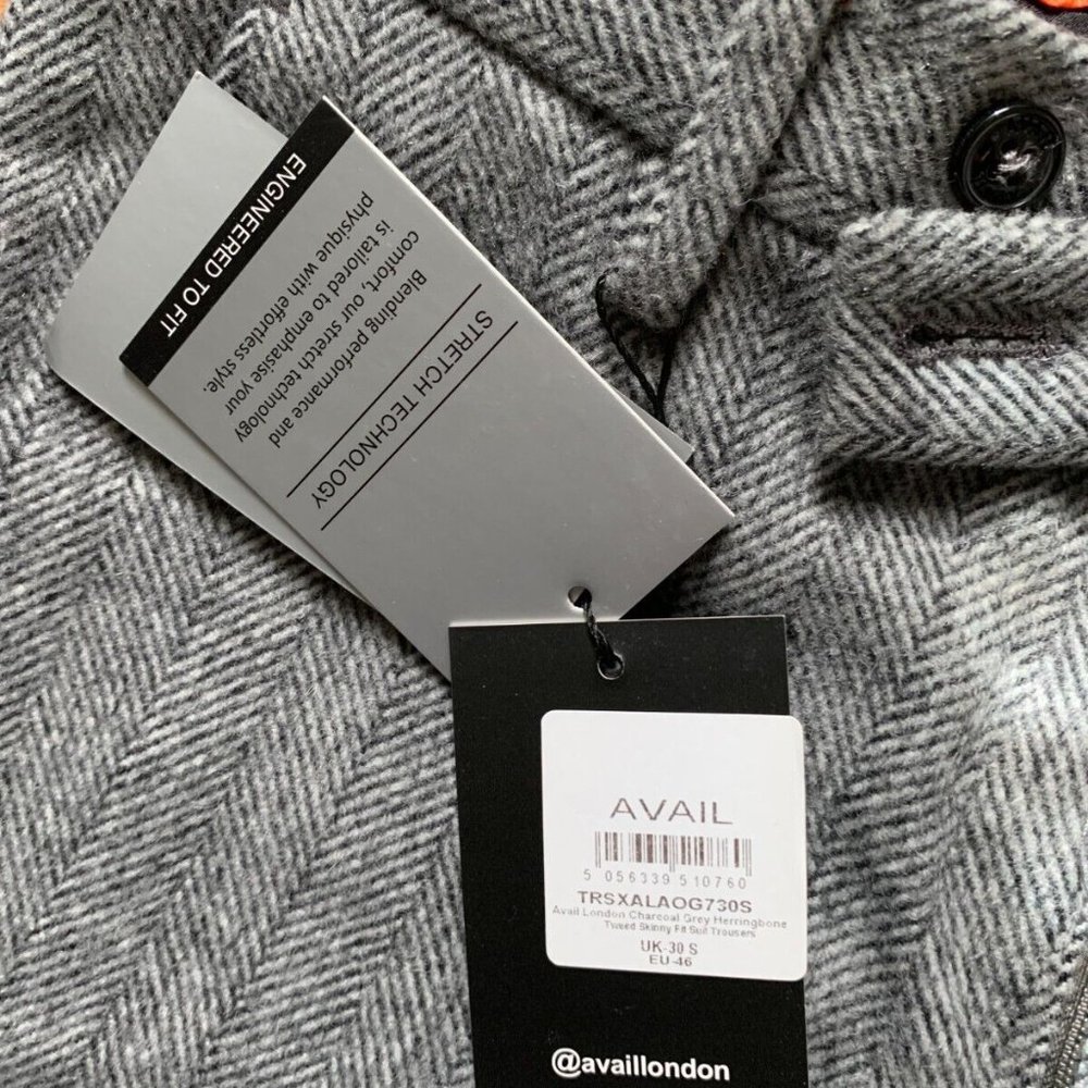 Avail London Charcoal Grey Herringbone Tweed Skinny Fit Suit Pants Men's Size 30